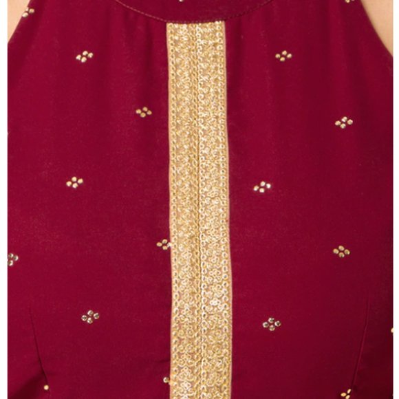 Oxblood Mukaish Foil Halter High Slit Kurta - Picture 3 of 3